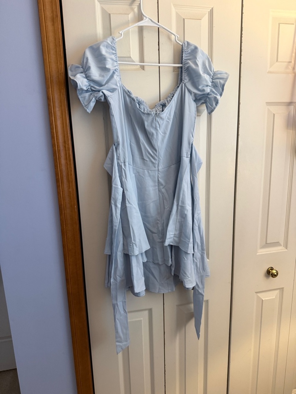 Light Blue Ruffled Mini Dress with Puff Sleeves - Picture 2 of 3